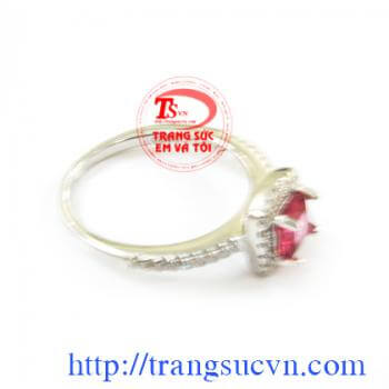 Nhẫn bạc đá hồng hình vuông cao cấp, hàng Hong Kong