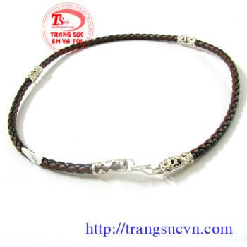 Dây da bện màu nâu đen bịt bạc rồng