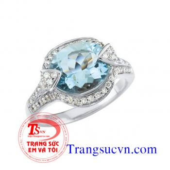 Nhẫn nữ vàng tây màu trắng gắn đá Aquamarine thiên nhiên