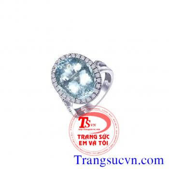 Nhẫn nữ vàng tây màu trắng gắn đá Aquamarine thiên nhiên