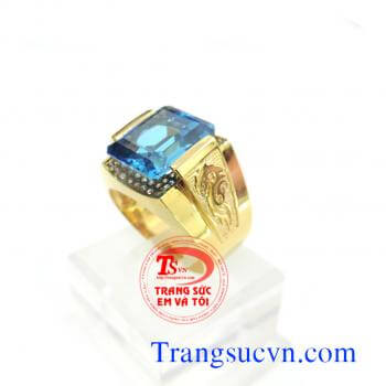 Nhẫn nam vàng tây 18k gắn đá quý Topaz xanh nước biển