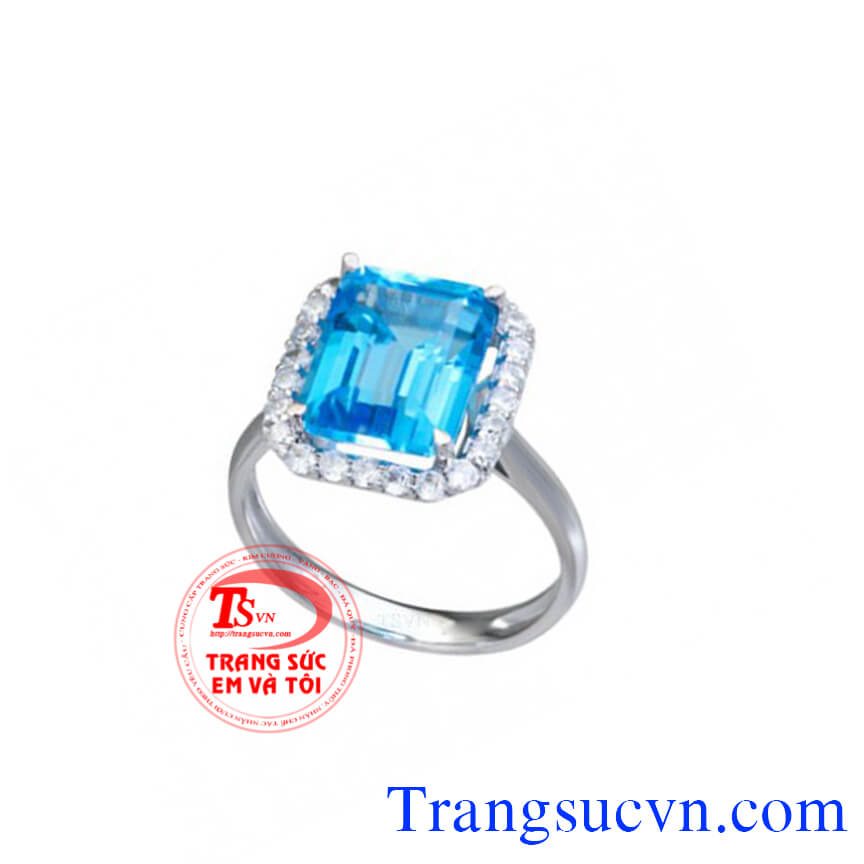 Nhẫn nữ chữ nhật đá xanh nước biển