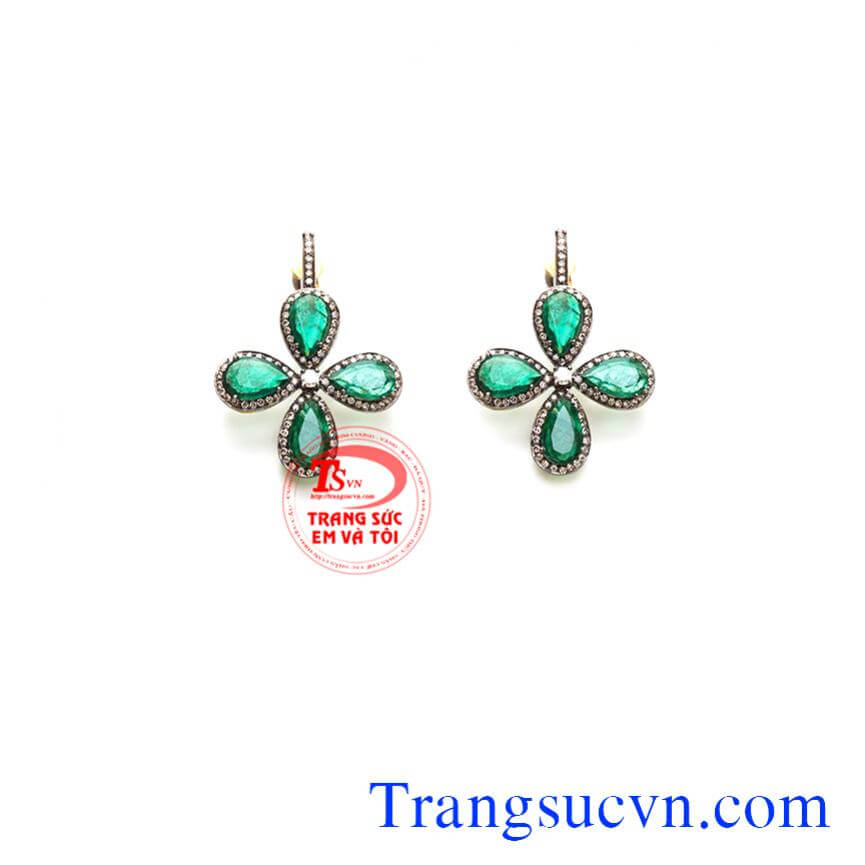 Bông tai vàng đá emerald hoa