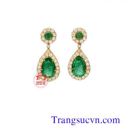 Hoa tai vàng tây gắn đá Emerald thiên nhiên