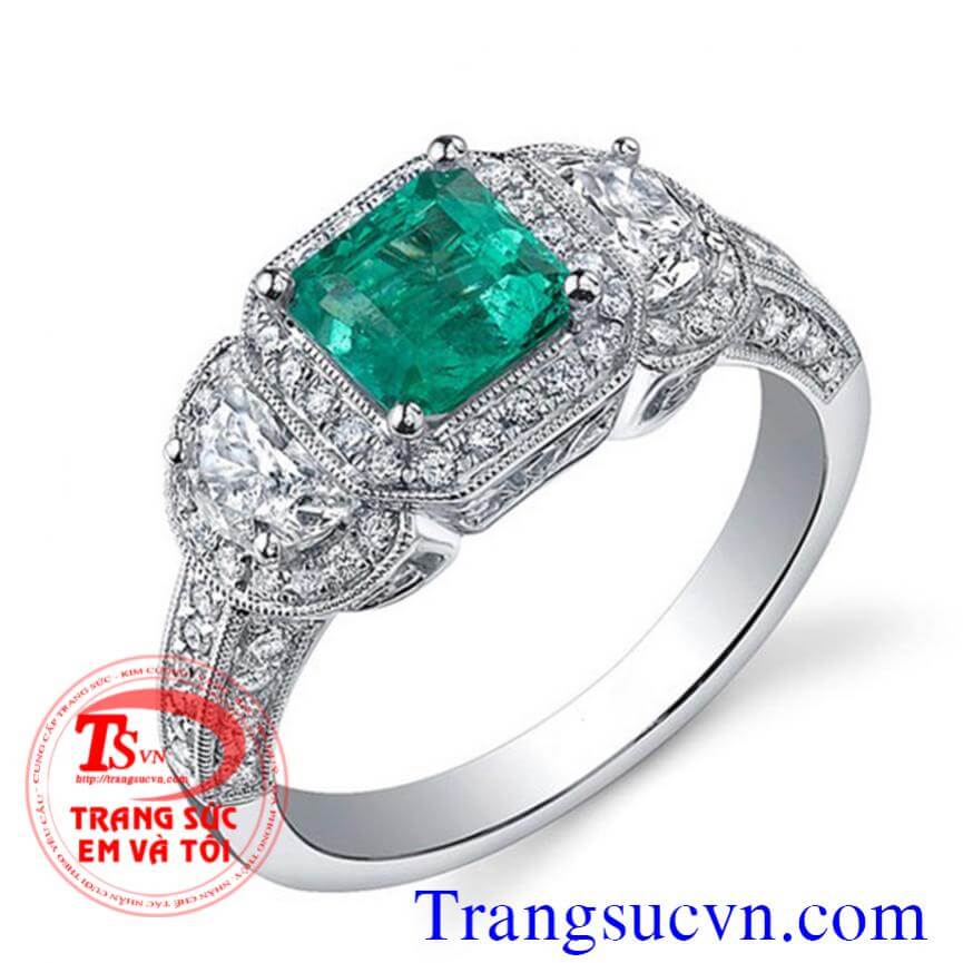 Nhẫn nữ vàng trắng emerald tự nhiên