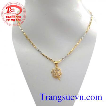 Bộ Mặt dây chuyền cổ bốn lá may mắn vàng tây dành cho nữ, mặt cỏ bốn lá đính đá sáng,dây chuyền kiểu đẹp.