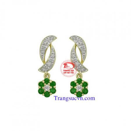 Hoa tai vàng tây gắn đá Emerald thiên nhiên