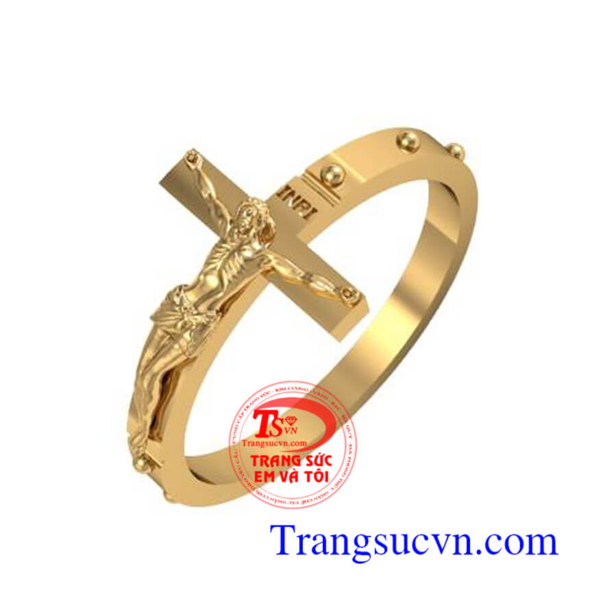 Nhẫn nữ công giáo vàng tây sáng bóng hình cấy Thánh Giá và có 10 hạt vàng kết hợp thành Chuỗi Mân côi vàng trên tay
