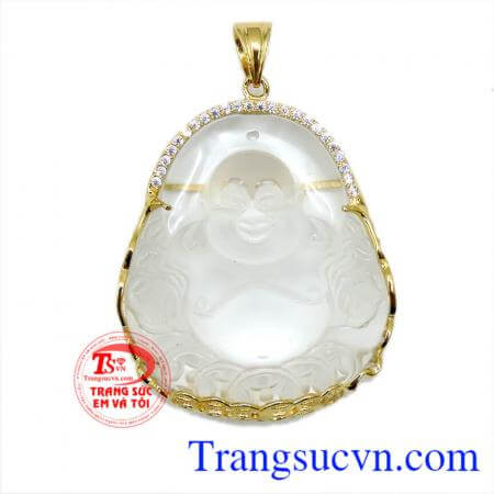 Di lặc thạch anh trắng vàng 14k, mặt di lặc thạch anh đẹp, bọc vàng 14k sang trọng,