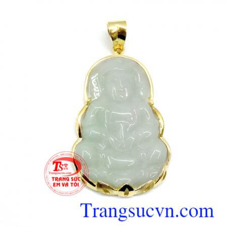 Mặt ngọc cẩm thạch quan âm trắng, mặt ngọc cẩm thạch đẹp, thiên thiên hình quan âm bọc vàng 14k sáng, bền màu, chuẩn chất lượng,