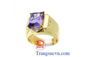 Nhẫn vàng 14k amethyst lịch lãm, nhẫn vàng nam trơn, kiểu dáng cổ điển, sang trọng, đính đá thạch anh tím thiên nhiên