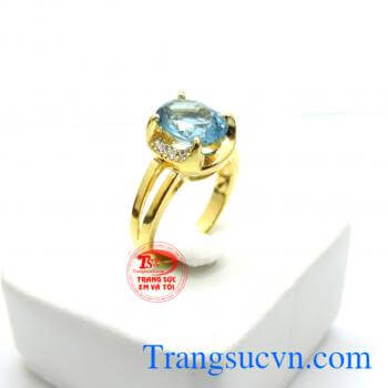 Nhẫn nữ gắn Đá quý tự nhiên Topaz trái tim màu xanh nước Biển. Nhẫn nữ vàng 14k đá topaz 