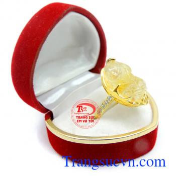 Nhẫn tỳ hưu thạch anh vàng thiên nhiên. Nhẫn thạch anh vàng tỳ hưu bọc vàng 14k