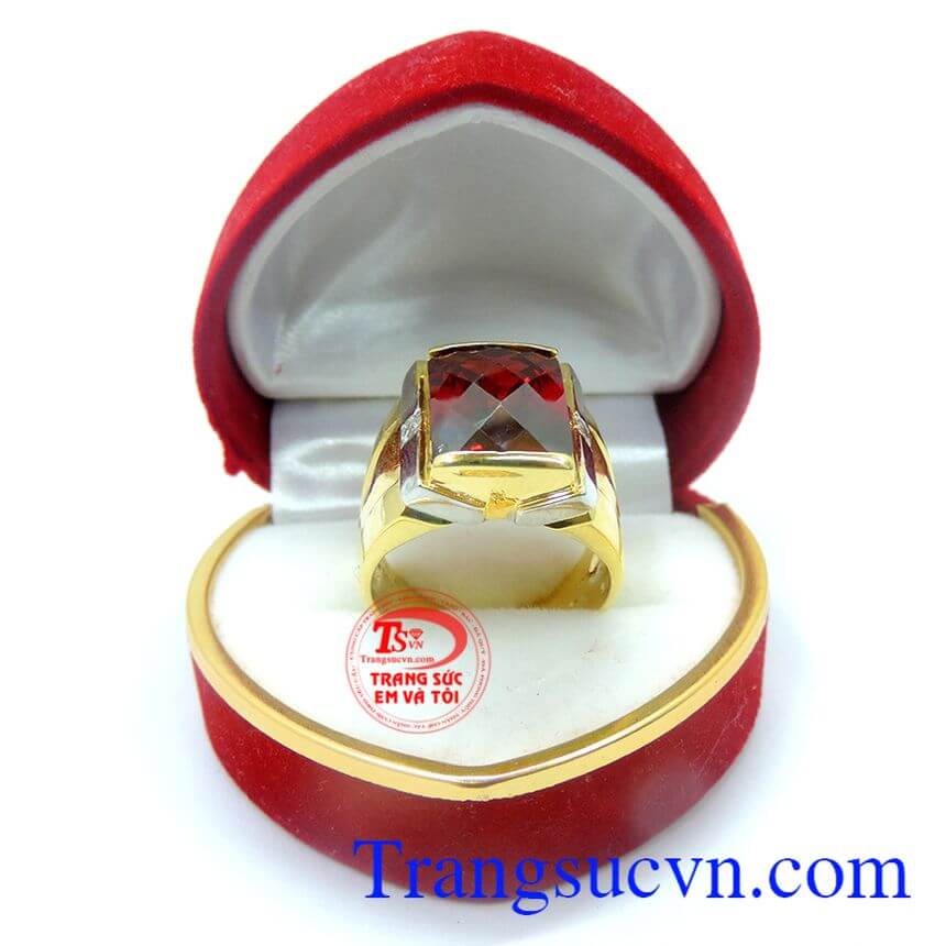 Nhẫn vàng tây đá đỏ dành cho nam,Nhẫn vàng tây đá màu đỏ vàng màu viên đá hình chữ nhật, tinh tế và bền đẹp