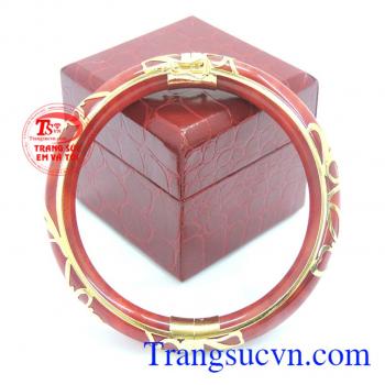 Ngọc cẩm thạch bọc vàng. Vòng bọc vàng 10k ngọc đỏ mận