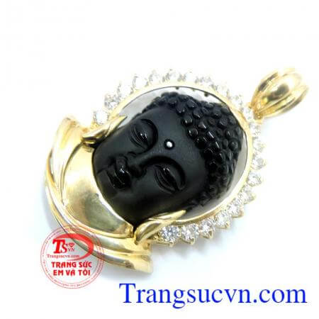 mặt Obsidian phật đẹp, bọc vàng sang trọng, phong thủy, đem lại may mắn tài lộc bình an, Mặt phật bọc vàng đính đá may mắn