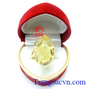 Nhẫn tỳ hưu thạch anh vàng chạm khắc