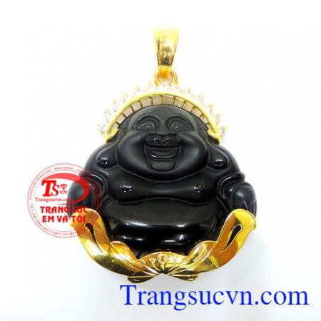 Mặt phật di lặc đá opsidian bọc vàng dành cho nam đeo cổ hợp với dây chuyền vàng,