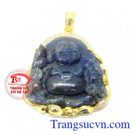 Mặt phật saphire mang lại tiền tài mặt quan âm sapphire thiên nhiên đẹp bọc vàng 14k sang trọng,