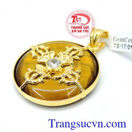 Mặt dây đá mắt hổ bọc vàng 14k