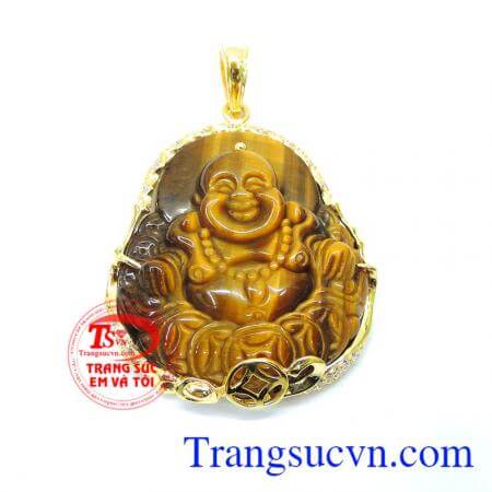 Mặt phật mệnh mộc,mặt phật di lặc, đá mắt hổ bọc vàng 10k đeo hợp mệnh mộc và thổ, chất lượng đảm bảo,