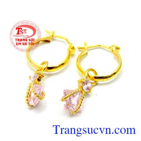 Hoa tai treo đá hồng làm bằng vàng 10k chất lượng đảm bảo.