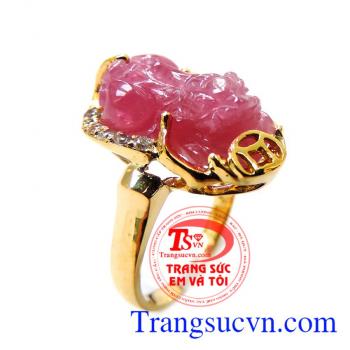 Nhẫn vàng màu tinh tế gắn tỳ hưu đá thiên nhiên, mang lại may mắn và hộ mệnh, Nhẫn nữ vàng tây dành cho phái đẹp