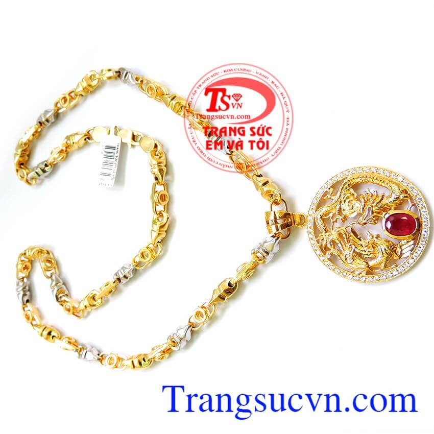Rồng vàng tây mặt dây bộ với mặt dây rồng phượng gắn đá ruby thiên nhiên vàng đảm bảo chất lượng. 