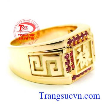 Nhẫn chữ LỘC vàng 18k gắn đá quý ruby thiên nhiên có kiểm định kèm theo,nhẫn nam vàng chữ LỘC, Dành cho nam đeo ngón giữa, người mệnh hỏa và thổ rất tốt