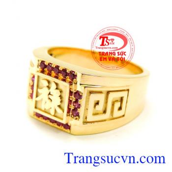 Nhẫn chữ LỘC vàng 18k gắn đá quý ruby thiên nhiên có kiểm định kèm theo,nhẫn nam vàng chữ LỘC, Dành cho nam đeo ngón giữa, người mệnh hỏa và thổ rất tốt