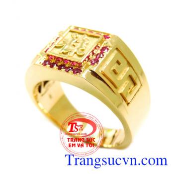 Nhẫn chữ LỘC vàng 18k gắn đá quý ruby thiên nhiên có kiểm định kèm theo,nhẫn nam vàng chữ LỘC, Dành cho nam đeo ngón giữa, người mệnh hỏa và thổ rất tốt