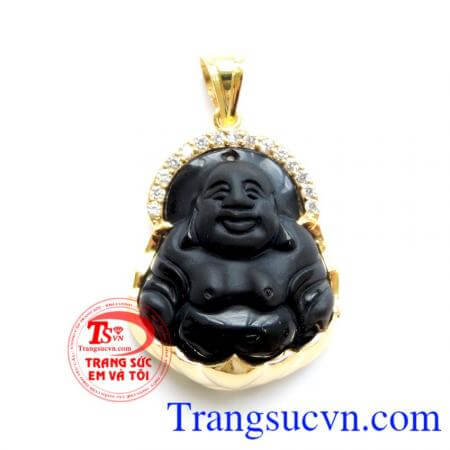 mặt phật di lặc trên nền đá obsidian với chất lượng đá và vàng đảm bảo,BẢo hành 12 tháng, Mặt Phật Obsidian bọc vàng 14k