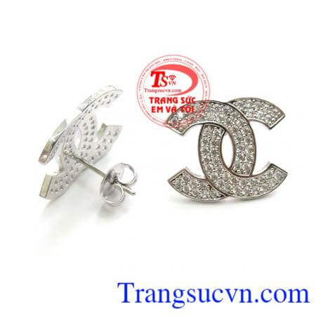 Hoa tai vàng trắng sáng lấp lánh trông đẹp,chế tác độc đáo,chất lượng vàng trắng đảm bảo sáng bóng, Bông Tai Chanel Vàng Trắng 10k