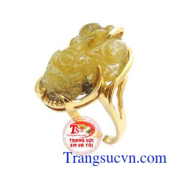 Thạch anh tóc vàng nhẫn tỳ hưu, nhẫn nữ vàng tây 14k đẹp, sang trọng, nhẫn nữ tỳ hưu thạch anh tóc vàng thiên nhiên