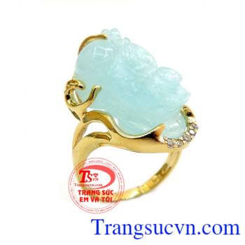 Nhẫn nữ tỳ hưu Aquamarine, nhẫn nữ vàng 14k tỳ hưu đẹp, nhẫn nữ vàng tây có giấy kiểm định, aquamarine tươi mát, trẻ trung, đeo phong thủy, nhẫn tỳ hưu cho nữ mệnh Mộc hoặc Thủy
