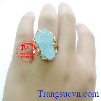 Nhẫn nữ tỳ hưu Aquamarine, nhẫn nữ vàng 14k tỳ hưu đẹp, nhẫn nữ vàng tây có giấy kiểm định, aquamarine tươi mát, trẻ trung, đeo phong thủy, nhẫn tỳ hưu cho nữ mệnh Mộc hoặc Thủy