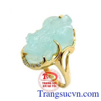 Nhẫn nữ tỳ hưu Aquamarine, nhẫn nữ vàng 14k tỳ hưu đẹp, nhẫn nữ vàng tây có giấy kiểm định, aquamarine tươi mát, trẻ trung, đeo phong thủy, nhẫn tỳ hưu cho nữ mệnh Mộc hoặc Thủy