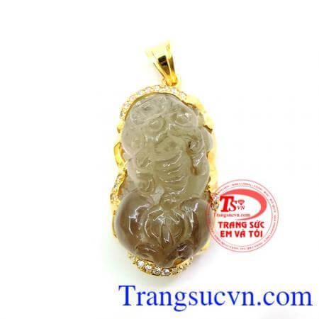 Tỳ hưu thạch anh khói mặt dây, mặt tỳ hưu thạch anh khói đẹp, mặt tỳ hưu bọc vàng 14 k sang trọng, đeo phong thủy