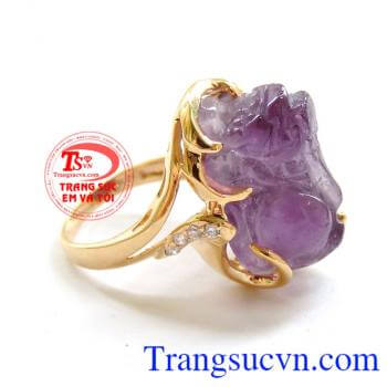 Nhẫn nữ Amethyst phong thủy, nhẫn nữ thạch anh tím khắc hình tỳ hưu sang trọng, đeo phong thủy, nhẫn nữ đẹp, nhẫn nữ 14k đẹp, nhẫn nữ bảo hành 12 tháng.