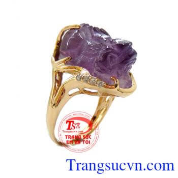 Nhẫn nữ Amethyst phong thủy, nhẫn nữ thạch anh tím khắc hình tỳ hưu sang trọng, đeo phong thủy, nhẫn nữ đẹp, nhẫn nữ 14k đẹp, nhẫn nữ bảo hành 12 tháng.