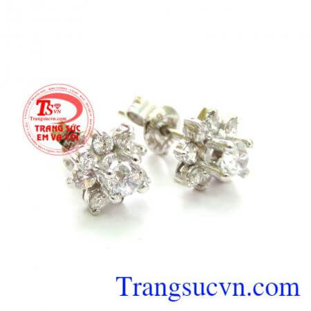 Đôi hoa tai vàng trắng 18k, đôi bông tai vàng tắng đính đá sang trọng, vàng 18k chuẩn chất lượng,