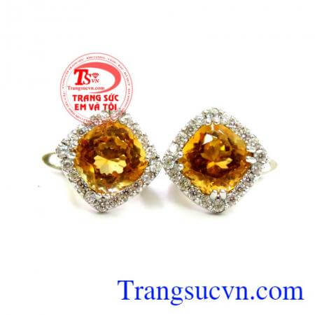 Đôi hoa tai vàng mệnh Kim, đôi bông tai vàng trắng 14k đá thạch anh thiên nhiên thích hợp cho người mệnh Kim đeo phong thủy,