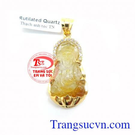 Mặt Quan Âm Thạch Anh Tóc Thiên Nhiên Bọc Vàng 10k Đẹp chất lượng cao