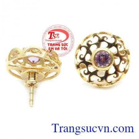 Đôi Bông Tai Thạch Anh Tím Sang Trọng, hoa tai vàng tây, hoa tai nữ đẹp.
