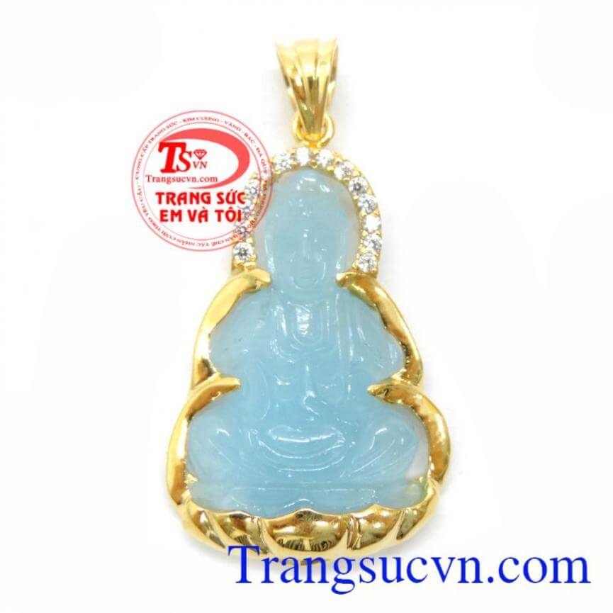 Mặt Quan Âm Aquamarine Bọc Vàng 14K