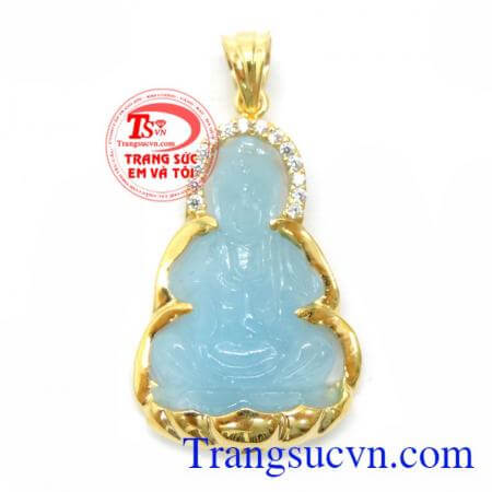 Mặt Quan Âm Aquamarine Bọc Vàng 14K