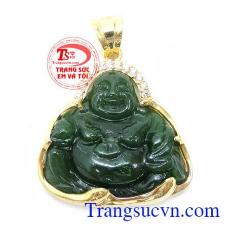 Mặt Phật Di Lặc Ngọc Nephrite Vàng 14K, mặt dây chuyền nam, mặt phật bọc vàng tinh tế