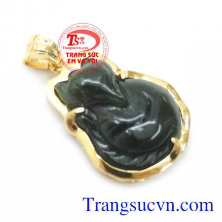 Mặt Hồ Ly Ngọc Bích Bọc Vàng 14K, mặt dây chuyền nữ đẹp, mặt dây hồ ly bọc vàng.