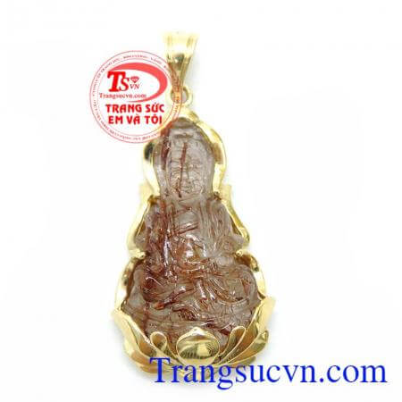 Mặt Phật Quan Âm Thạch Anh Tóc Nâu, mặt dây chuyền nam đẹp, mặt phật bọc vàng
