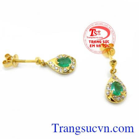 Hoa Tai Vàng 18K Emeral Quyền Quý, hoa tai vàng tây đá quý, hoa tai đẹp,Hoa Tai Vàng 18K Emeral Quyền Quý